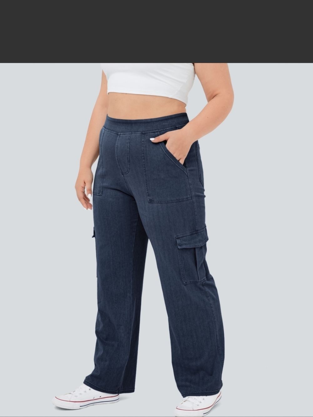 HALARA Women's Denim Wide Leg Cargo Jeans - Dark Blue